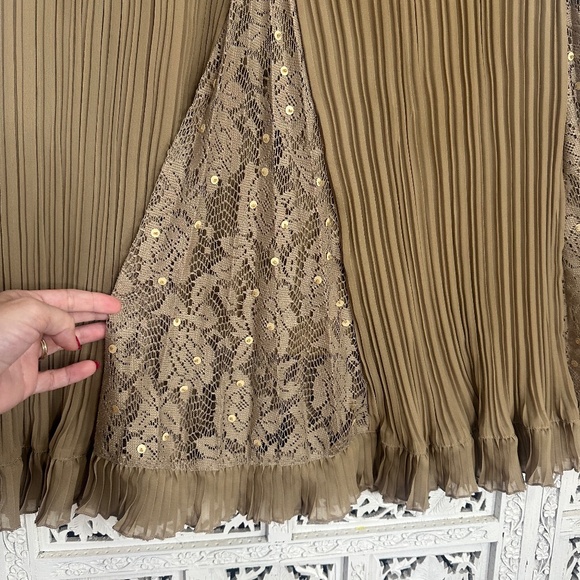 Vtg Paris Dreams Tan Stretchy Pleated Sequin Cottage Prairie Skirt Sz XL - Picture 3 of 16